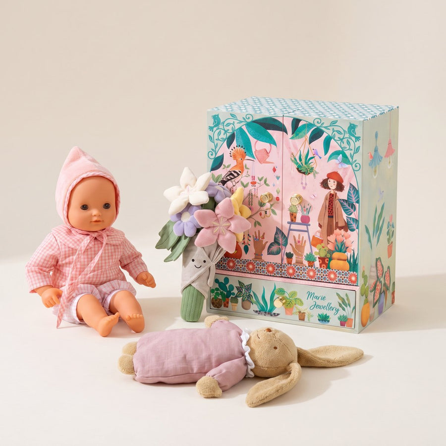 Idées de cadeaux pour une fille de 1 an : bouquet de fleurs en peluche, lapin nid d'ange musical, poupée Baby Rose et boîte à musique Jardin secret