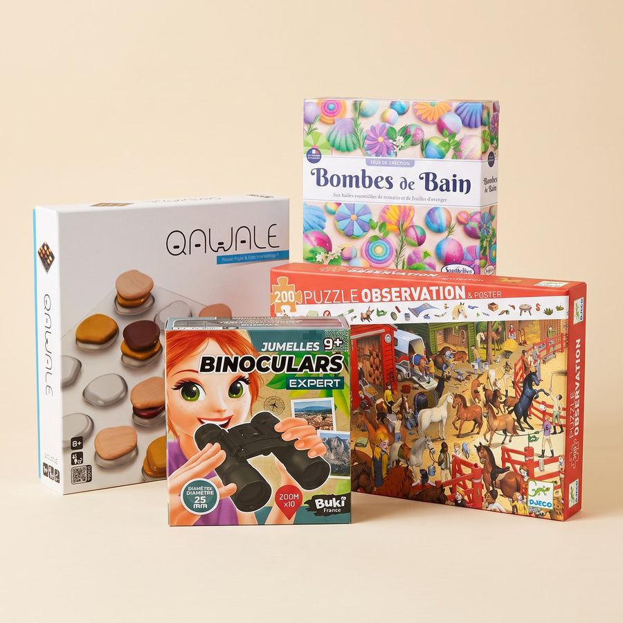 Idées de cadeaux pour une fille de 10 ans : jeu de stratégie Qawale, bombes de bain à fabriquer, jumelles Expert et puzzle d'observation Chevaux
