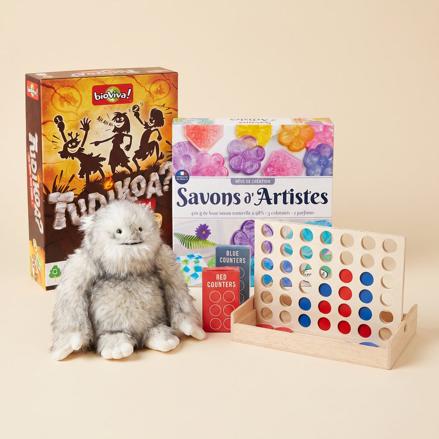 Idées de cadeaux pour une fille de 12 ans : jeu Tudikoa, savons d'artistes à fabriquer, Bretti le yéti et puissance 4 en bois