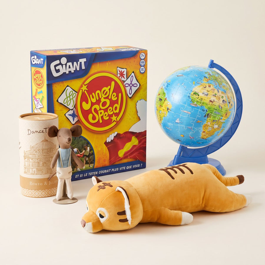 Idées de cadeaux pour une fille de 7 ans : Jungle Speed Giant, puzzle 3D globe illuminé, souris danseuse Maileg et tigre en peluche nemu nemu