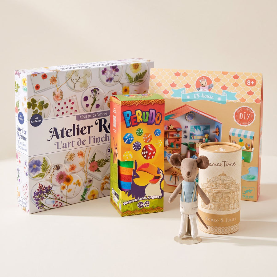 Idées de cadeaux pour une fille de 9 ans : kit maquette Mi House Mia, atelier résine, jeu Perudo et souris danseur Maileg
