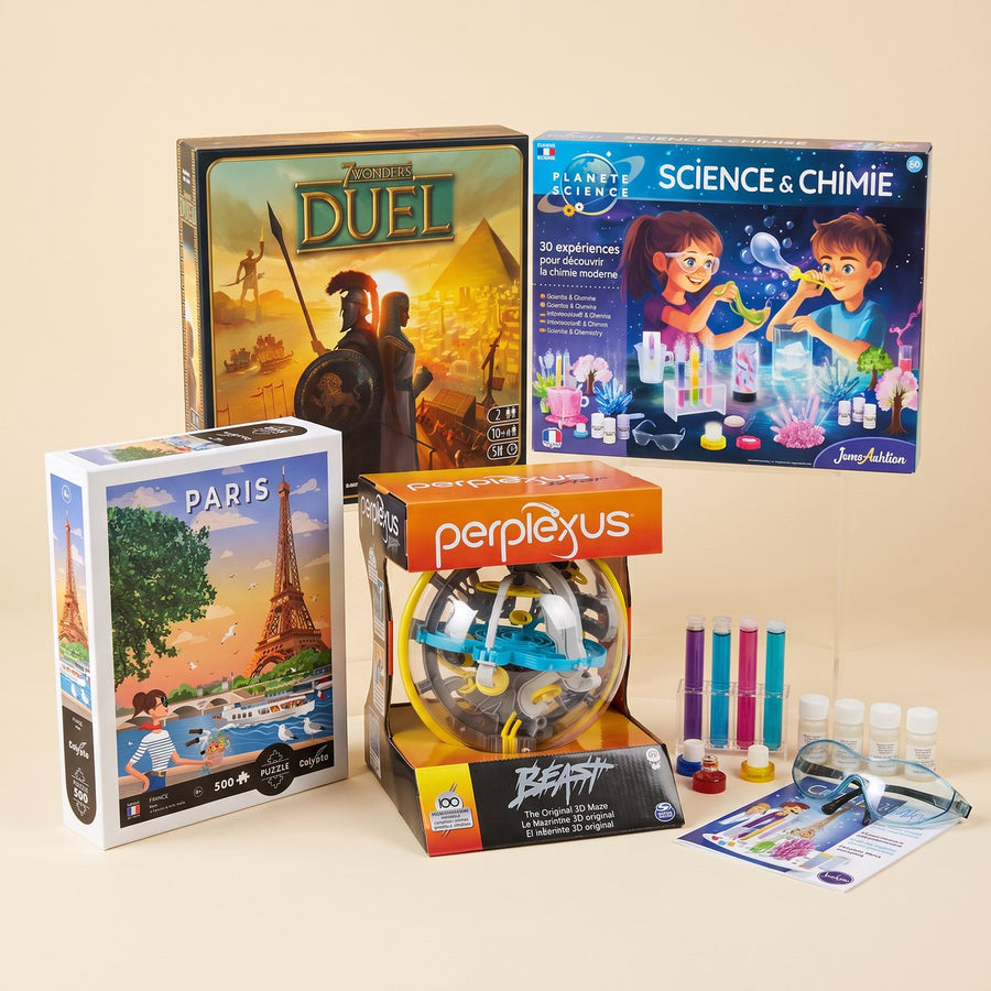Idées de cadeaux pour un garçon de 10 ans : jeu 7 Wonders Duel, kit de chimie 30 expériences, labyrinthe Perplexus Beast et puzzle Paris de 500 pièces