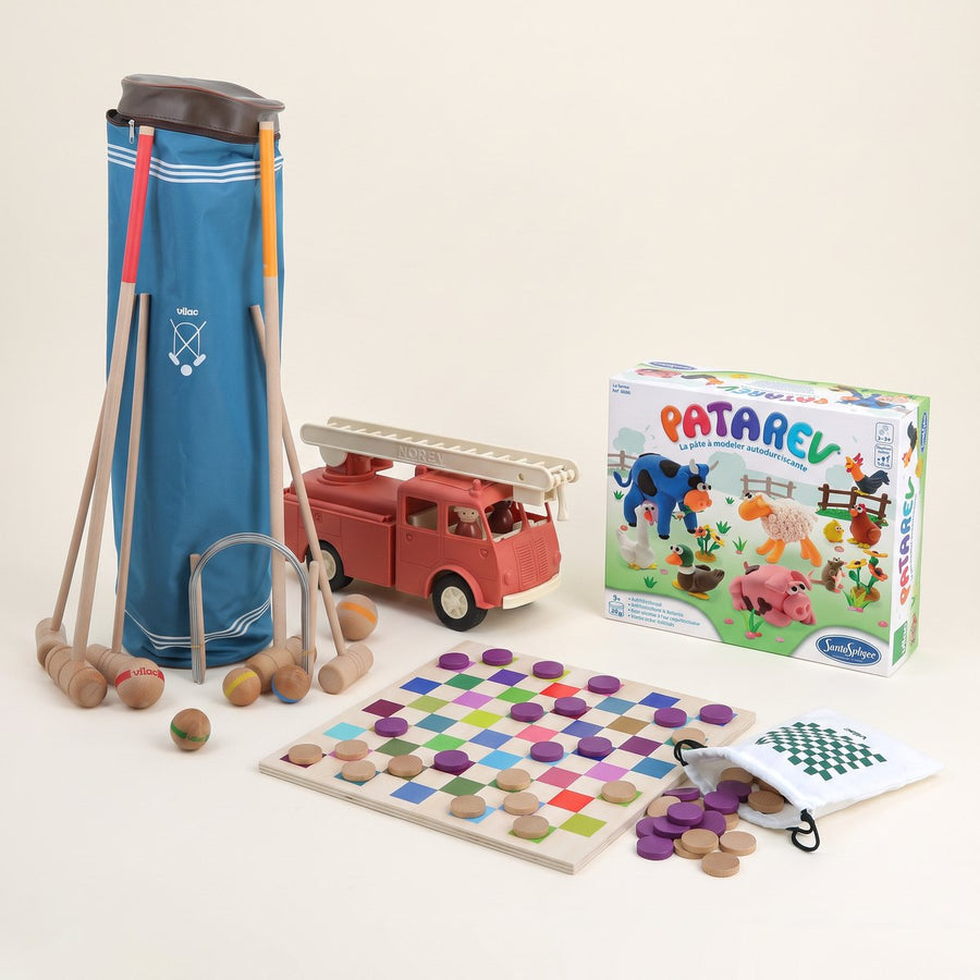 Idées de cadeaux pour un garçon de 5 ans : jeu de croquet familial, jeu de dames en bois multicolore, kit Patarev la ferme et camion de pompiers Berliet