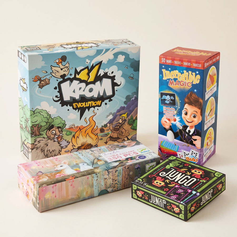Idées de cadeaux pour un garçon de 7 ans : jeu de cartes Jungo, puzzle Fairy Lake de 350 pièces, coffret de magie Incredible et jeu de société Krom