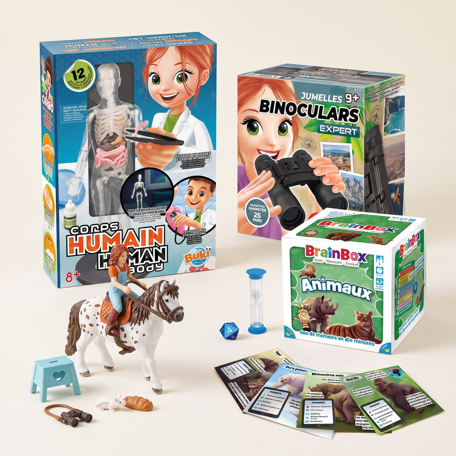 Idées de cadeaux pour un garçon de 9 ans : jumelles Expert, jeu BrainBox Animaux, kit Corps humain et figurine Horse Club Mia et Spotty