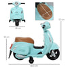 Schéma coté de la Mini Vespa électrique : vue de face, vue de profil et détail de la selle marron